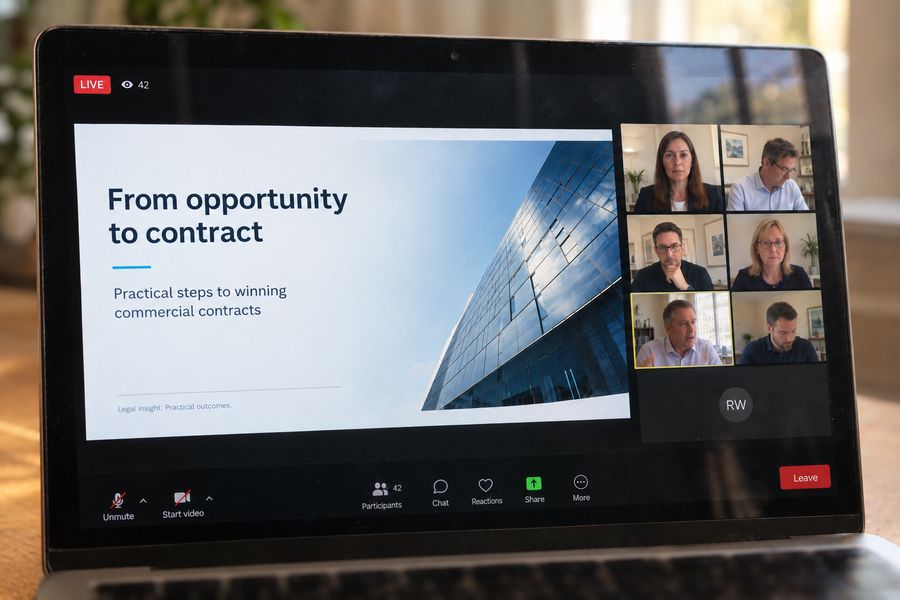 Laptop showing a live law webinar: From opportunity to contract